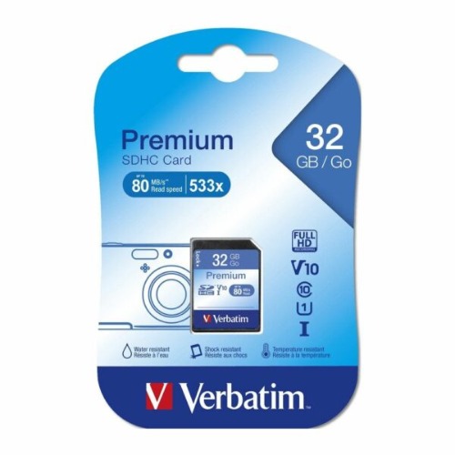 Verbatim SDHC 32GB Class 10 U1 Memory Card - Up to 45MB/s Read Speed, 10MB/s Write Speed, Write-Protect Switch