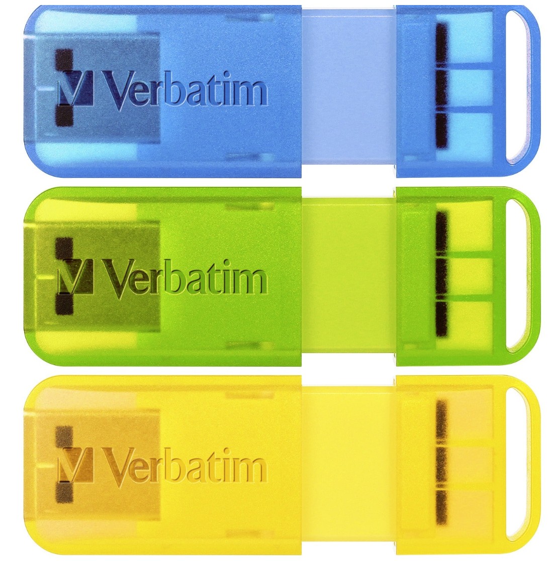 Verbatim Store ’n’ Go Pop-Up 32GB USB 2.0 Flash Drive Triple Pack – Assorted Blue, Green & Yellow, Capless Sliding Design