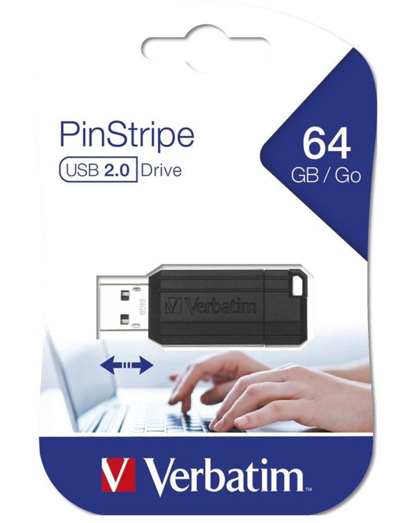 Verbatim Store'n'Go Pinstripe USB Drive 64GB Black – Retractable USB 2.0 Flash Drive with Microban Protection & 2 Year Warranty