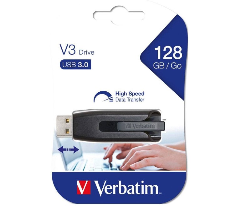 Verbatim Store'n'Go V3 USB 3.2 Gen 1 SuperSpeed 128GB Flash Drive - Retractable USB Type-A, Backup Storage, Compatible with Windows Mac Linux, Grey