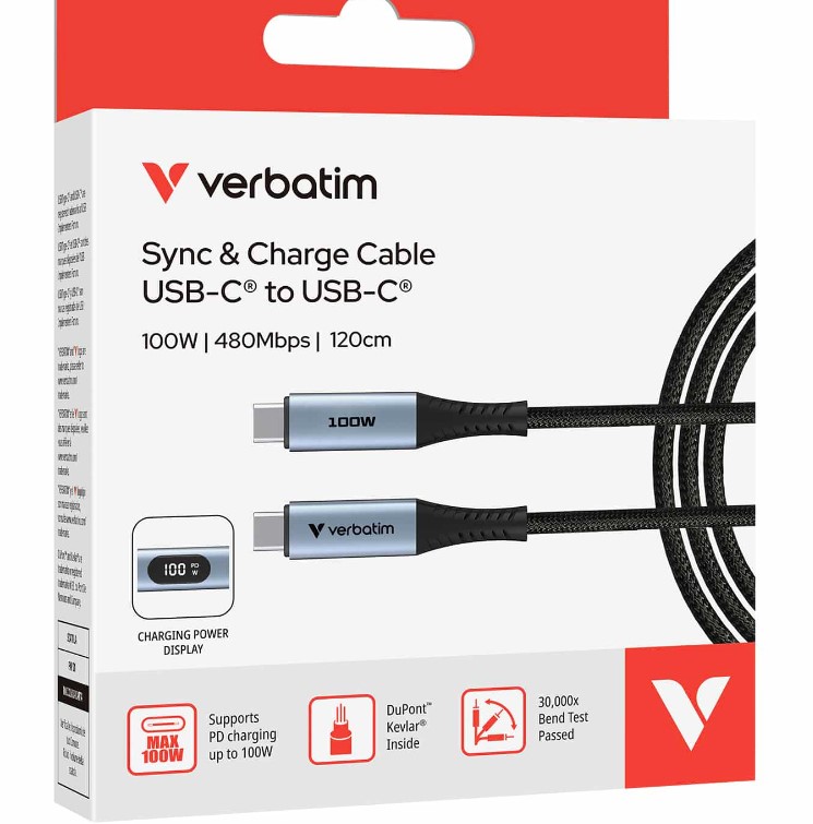 Verbatim Sync & Charge USB-C to USB-C 100W Cable with LED Display – 120cm Durable Braided Nylon, Fast Data Transfer 480Mbps