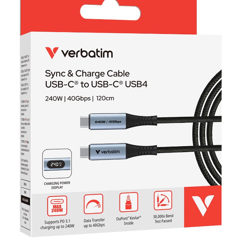 Verbatim Sync & Charge USB-C to USB-C Cable 240W Power Delivery, 40Gbps USB4 Data Transfer, 120cm Braided Nylon with LED Display