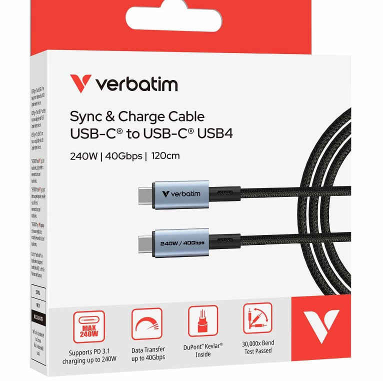 Verbatim Sync & Charge USB-C to USB-C Cable 240W Power Delivery, USB4 40Gbps, 120cm Braided High-Speed Cable