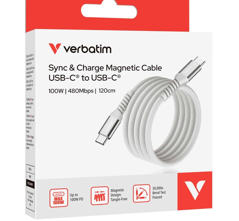 Verbatim Sync & Charge USB-C to USB-C Magnetic Cable 100W Fast Charging 120cm Braided Nylon Grey