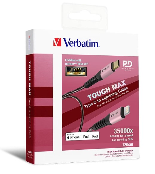 Verbatim Tough Max USB-C to Lightning Cable 1.2m Rose Gold — Kevlar Reinforced, Apple MFi Certified, Fast PD Charging