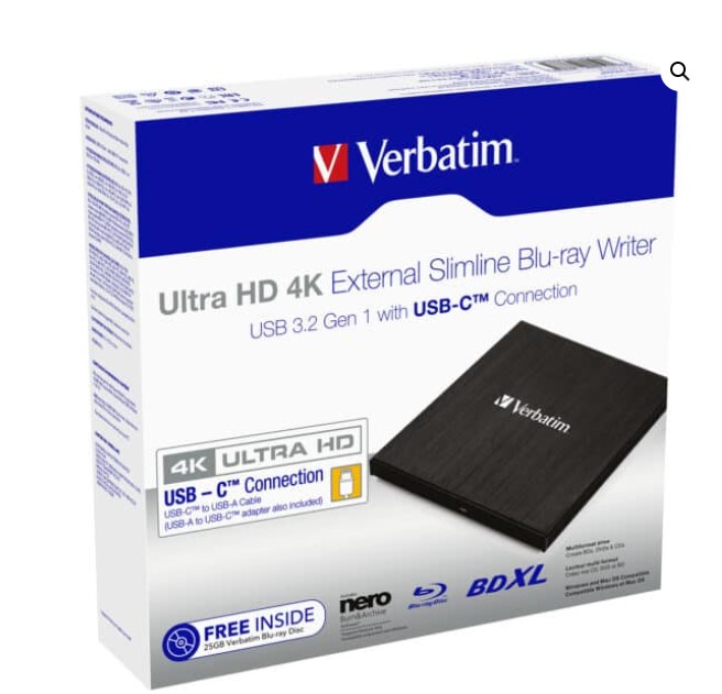 Verbatim Ultra HD 4K External Slimline Blu-ray Writer USB 3.1 Gen1 Type-C with Nero Burning Software - Portable 2025 Model