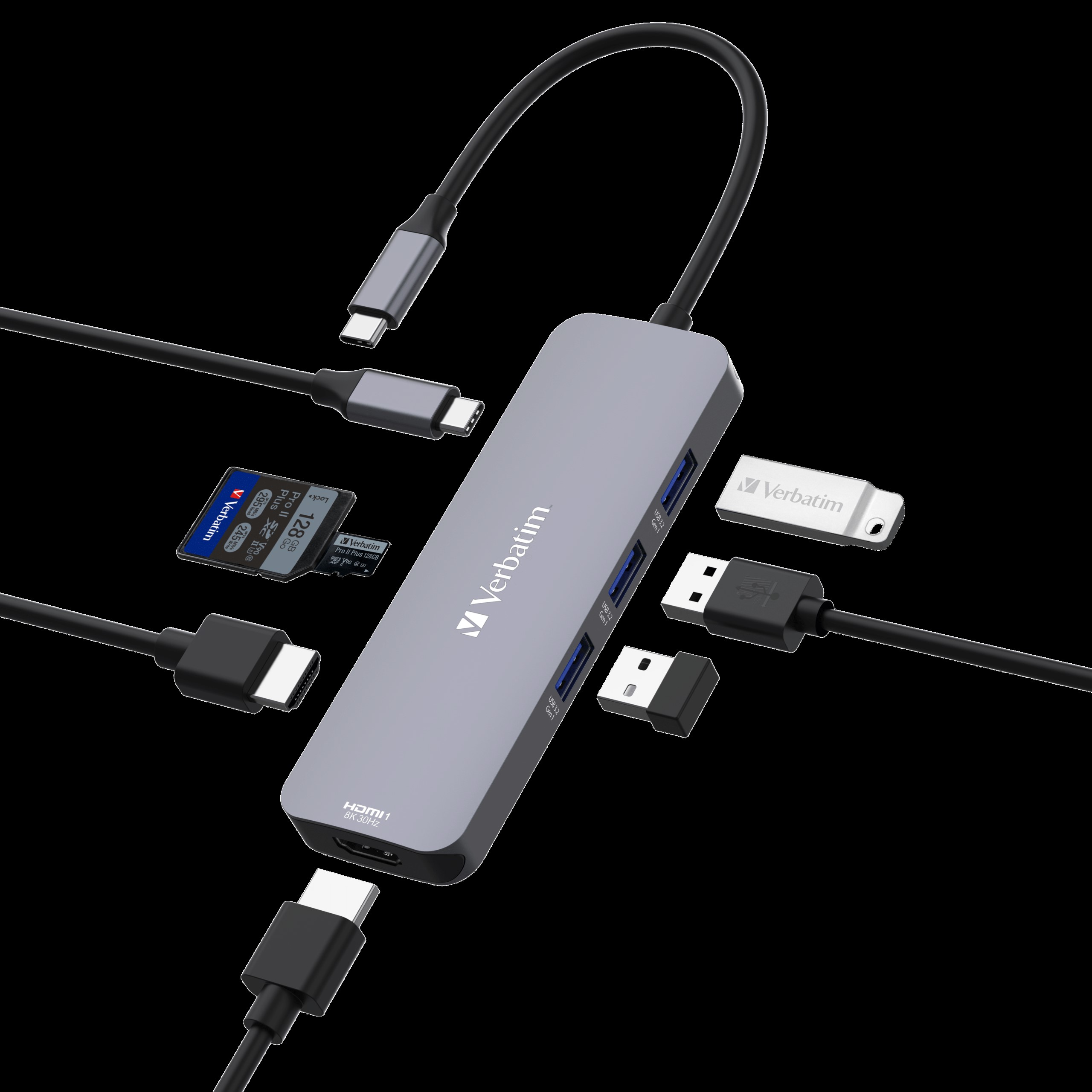 Verbatim USB-C Pro Multiport Hub 8 Ports with Dual HDMI 8K, USB-A 3.2 Gen1, SD & microSD Card Readers, USB-C PD Pass-Through Charging