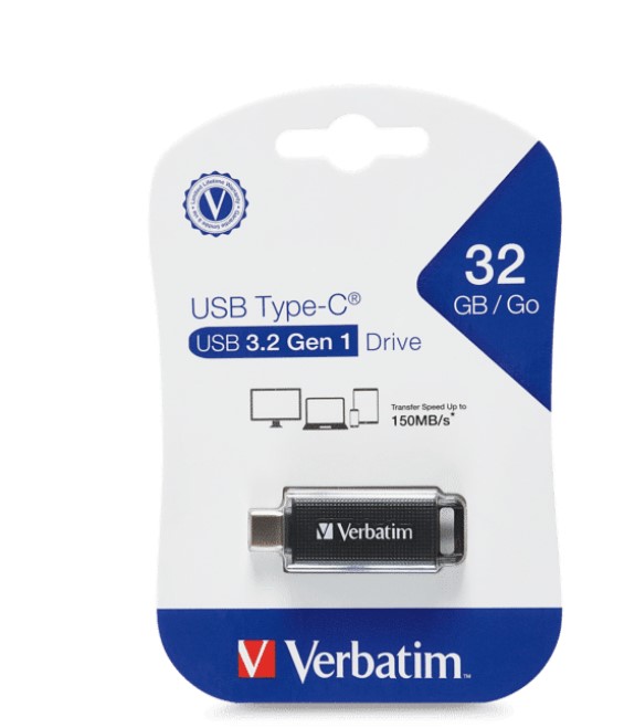 Verbatim 32GB USB Type-C USB 3.2 Gen 1 Flash Drive - High Speed Retractable Connector, Lightweight Portable Storage (Model 70903)