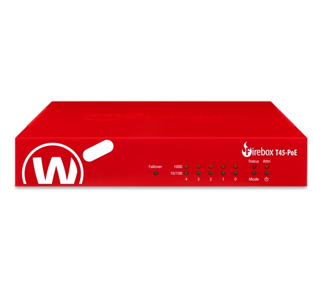 WatchGuard Firebox T45-PoE Network Security Appliance - 4-Core 1.6 GHz Processor, 5x1GbE Ports with PoE+, 4GB DDR4, 16GB M.2 SSD, AU Plug