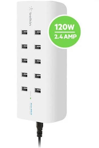 Belkin RockStar™ 10-Port USB Charging Station with 120W Power Supply, Intelligent Charging & Overcurrent Protection, Desk & Wall Mountable - White