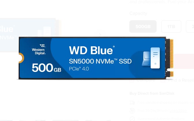 Western Digital WD Blue SN5000 500GB NVMe M.2 2280 PCIe Gen4 SSD - 5000MB/s Read, 4000MB/s Write, 5-Year Warranty
