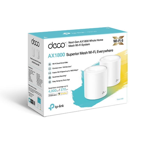 TP-Link Deco X20 AX1800 Dual-Band Whole Home Mesh Wi-Fi 6 System (2-Pack) - Up to 370 sqm Coverage, 1201Mbps @ 5GHz & 574Mbps @ 2.4GHz, OFDMA, MU-MIMO, WPA3 Security