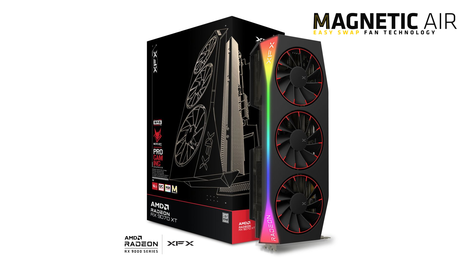 XFX Mercury AMD Radeon RX 9070XT OC Magnetic Air Edition 16GB GDDR6 Graphics Card with RGB, PCIe 5.0, 3100 MHz Boost Clock, HDMI & 3x DisplayPort