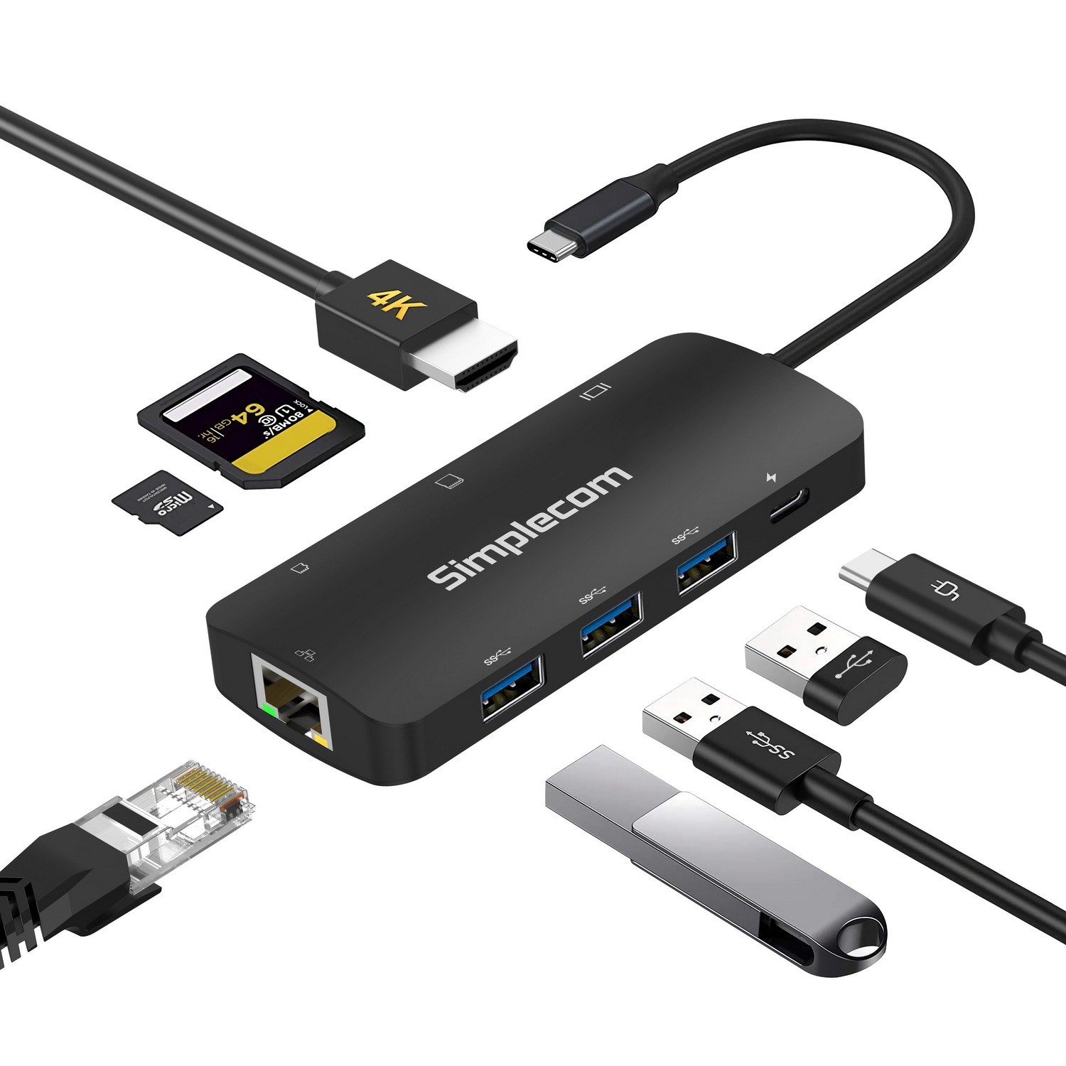 Simplecom CHT580 USB-C SuperSpeed 8-in-1 Multiport Hub Adapter with HDMI 2.0 4K@60Hz, Gigabit Ethernet, SD/MicroSD Reader & 100W PD Charging