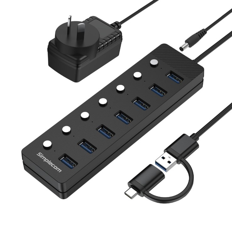 Simplecom CH375C 7-Port USB 3.0 Hub with USB-A & USB-C, 5Gbps Data Transfer, Individual Switches, LED Indicators & Power Adapter