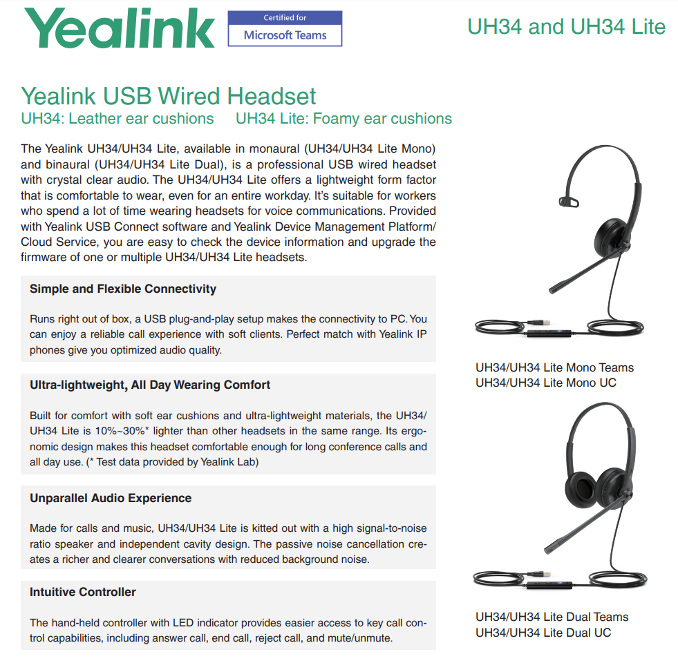 Yealink UH34 Lite Dual USB Headset with Noise-Cancelling Microphone, Lightweight Foam Cushions, Microsoft Teams Certified, Inline Call Controls