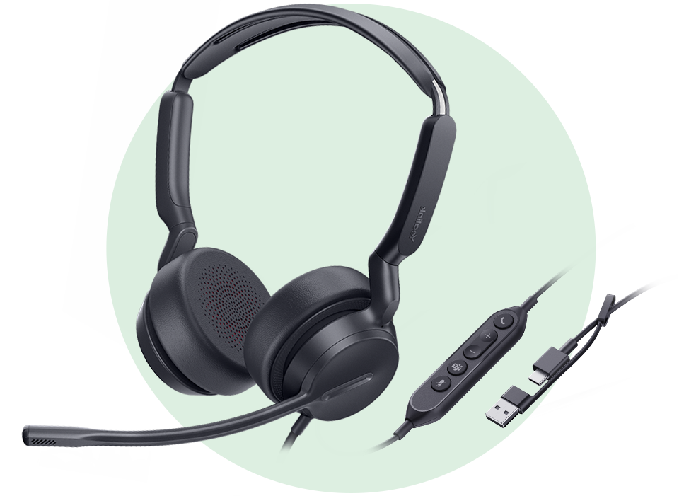 Yealink UH42 Dual UC USB-C/A Wired Headset with Noise-Canceling Mic, Leather Ear Cushions, Inline Controller, USB-C to USB-A Adapter