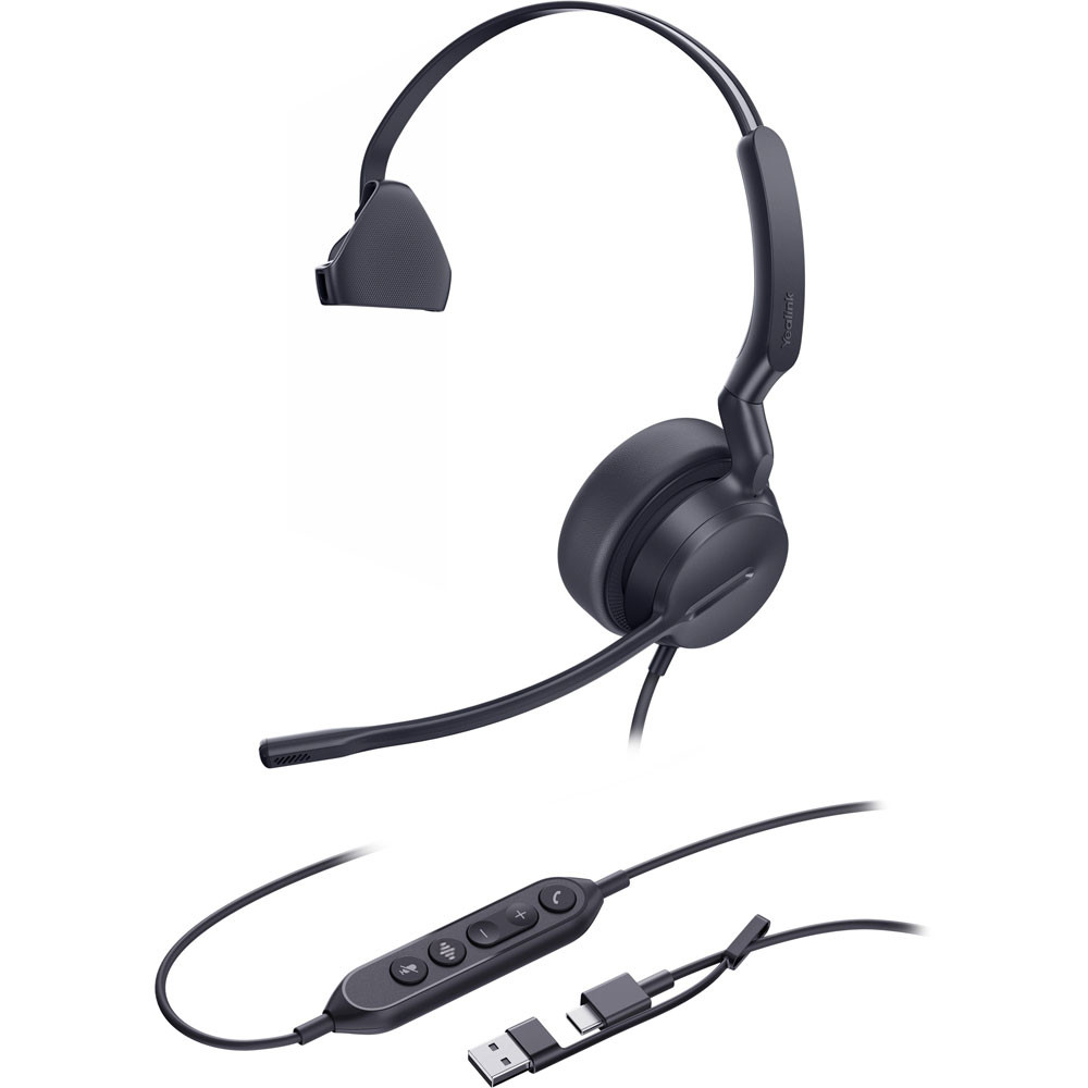 Yealink UH42 Mono UC USB-C/A Wired Headset with Noise-Canceling Microphone, Leather Ear Cushions & Inline Controller