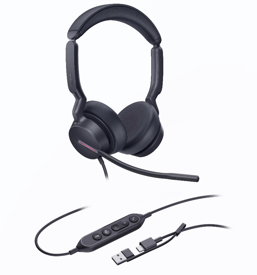 Yealink UH46 Dual Teams USB-C/A Wired Headset with 3 Noise-Cancelling Mics, 35mm Speakers, Busylight & Leather Cushions - Microsoft Certified