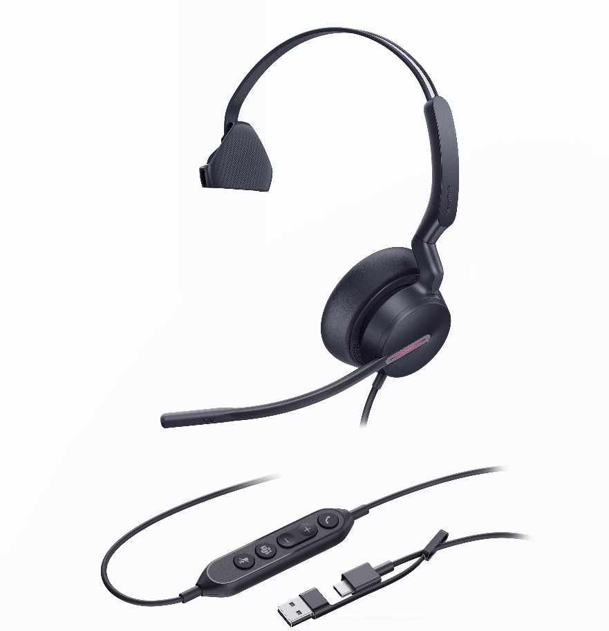 Yealink UH46 Mono Teams USB-C/A Wired Headset with 3 AI Noise-Canceling Microphones, 35mm Speaker, Busylight & Leather Ear Cushions