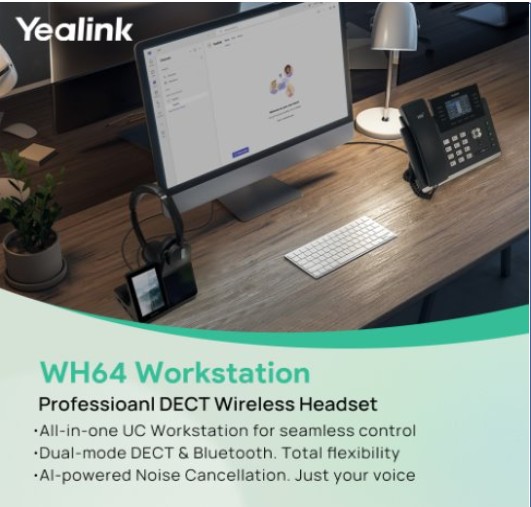 Yealink WH64 Dual Workstation DECT & Bluetooth Wireless Headset with Touchscreen Base, AI Noise Cancellation, 16-Hour Battery