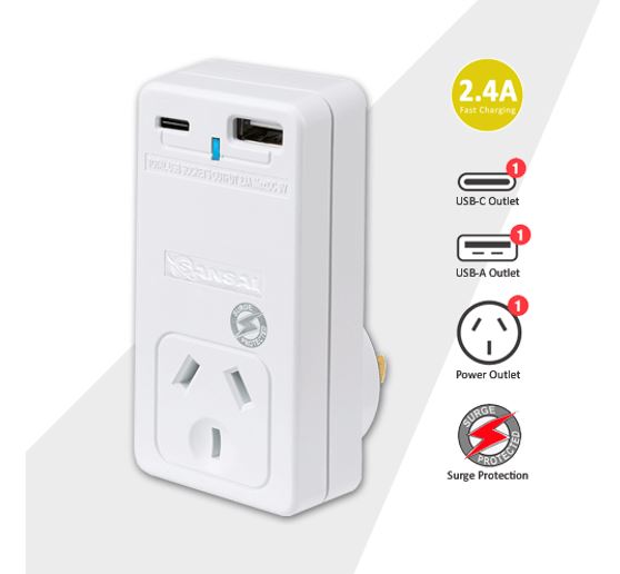 Sansai USB C + A Dual USB Charging Power Adaptor with 240V 10A Surge Protected Outlet & Power Indicator LED