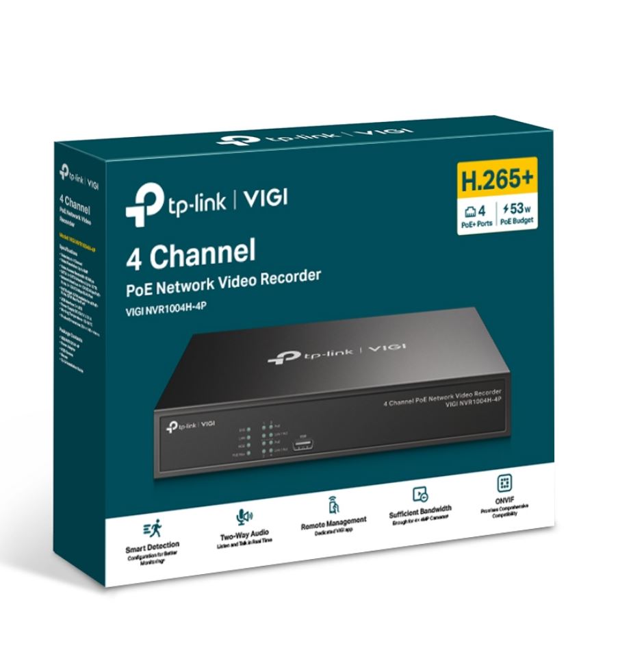 TP-Link VIGI NVR1004H-4P 4 Channel PoE+ Network Video Recorder with 4K HDMI, 16MP Decoding & 24/7 Recording Support