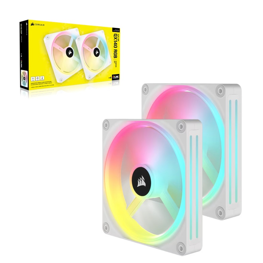 Corsair iCUE LINK QX140 RGB 140mm PWM PC Fans Starter Kit with iCUE LINK System Hub - White, Static Pressure, 2000 RPM, Magnetic Dome Bearing
