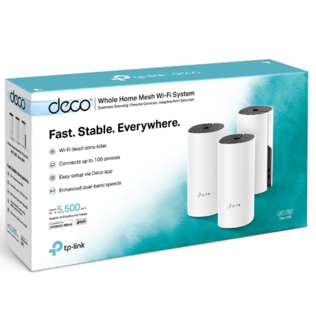 TP-Link Deco M4 (3-pack) AC1200 Whole Home Mesh Wi-Fi System – 370sqm Coverage, Supports 100 Devices, Parental Controls, Gigabit Ethernet