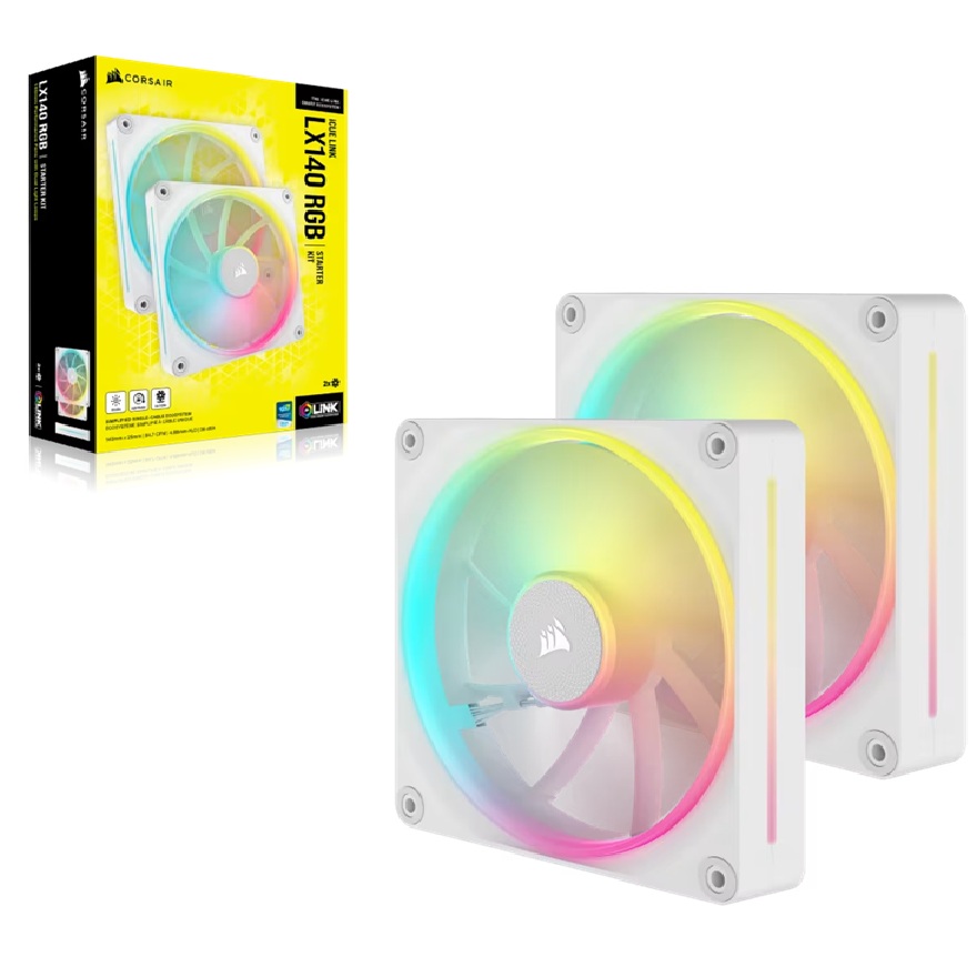 Corsair iCUE LINK LX140 RGB 140mm PWM Dual Fans Starter Kit - White, 2000 RPM, 84.7 CFM, 36 dBA, Static Pressure Cooling