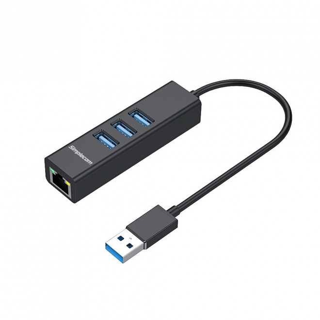 Simplecom CHN420 Black Aluminium 3 Port SuperSpeed USB 3.2 Gen1 Hub with Built-in Gigabit Ethernet Adapter, Plug and Play