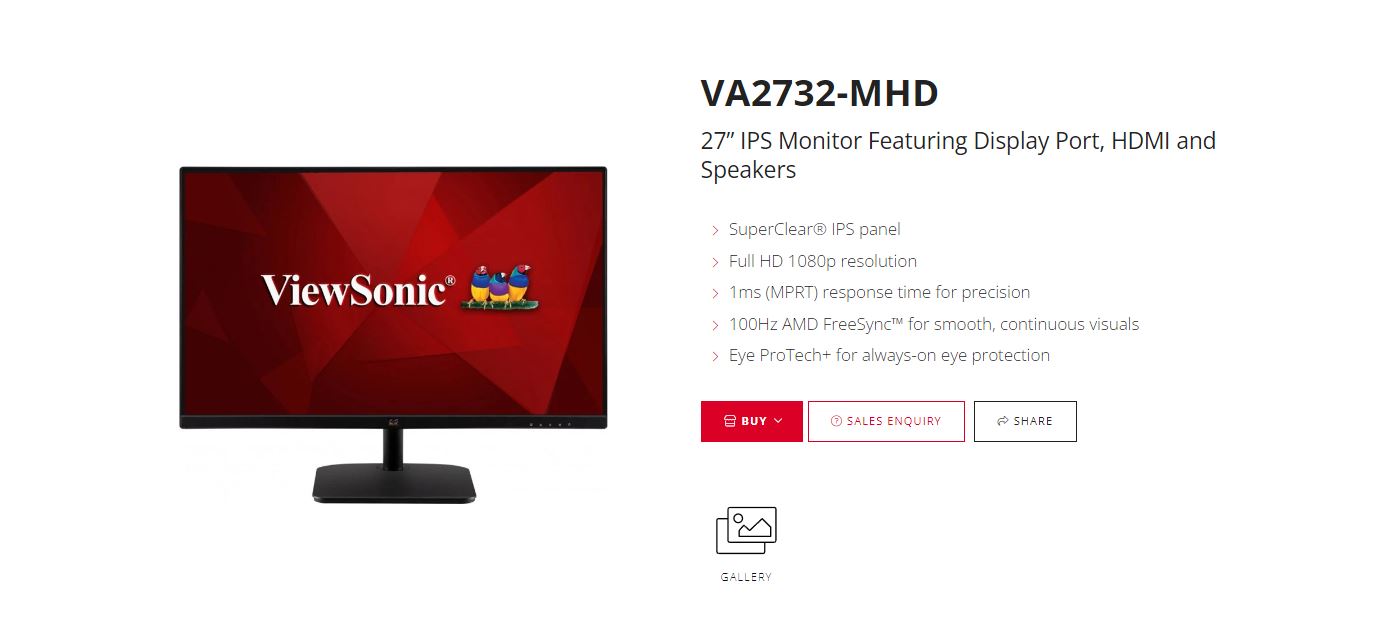 ViewSonic VA2732-MHD 27-inch Full HD IPS Monitor - 4ms, 100Hz, DisplayPort, HDMI, VGA, Built-in Speakers, VESA 100
